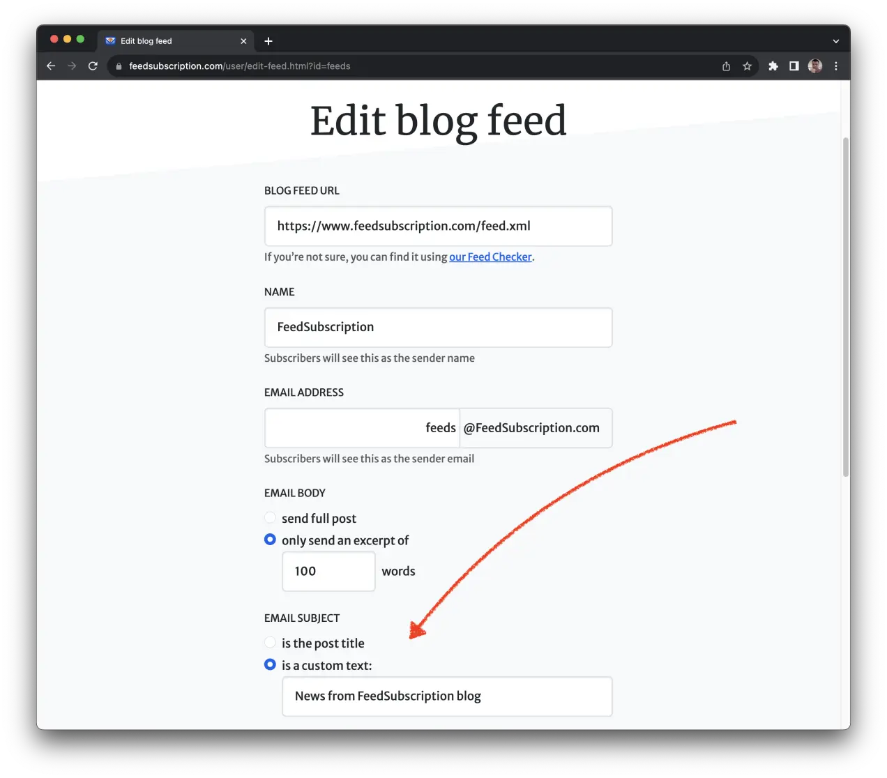 A screenshot of the “Edit blog feed” form