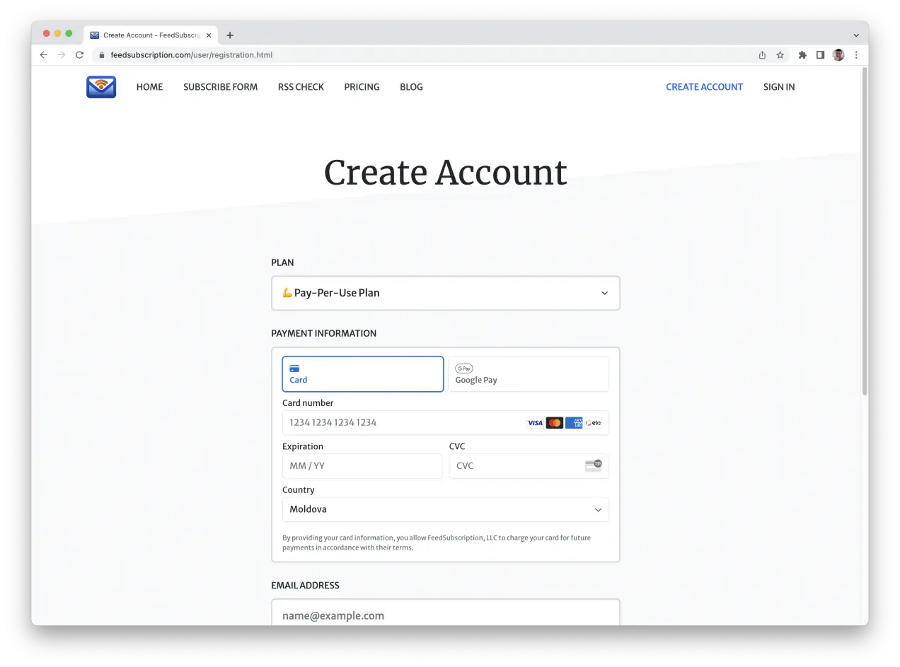 A screenshot of the Create Account page with payment details